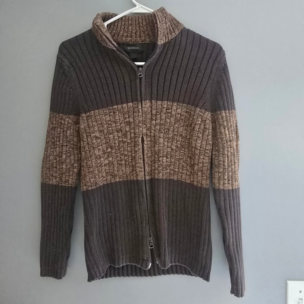 Express Mens Ribbed Full Zip Sweater Brown Gray Striped Vtg Y2K 90s Cotton Small